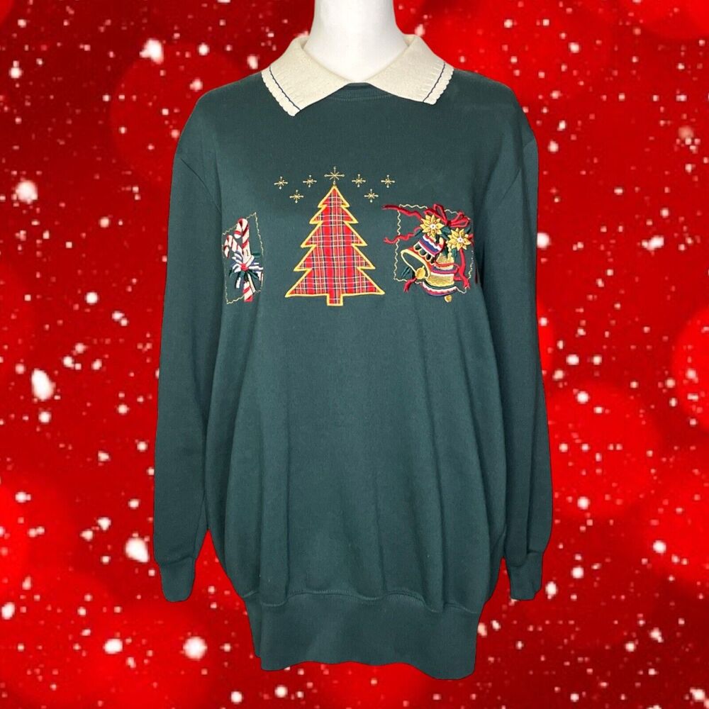 Vintage Bobbie Brooks 80s Christmas Holiday Dark Green White Collar Sweatshirt M
